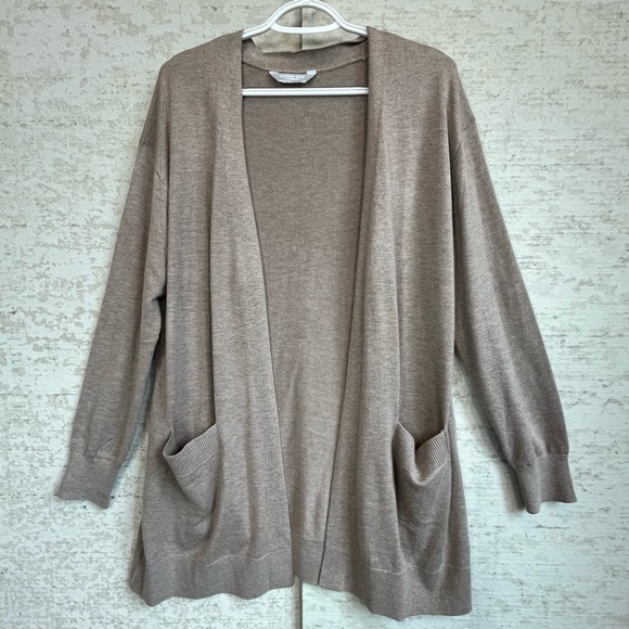 Cashmere Blend Taupe Camel Cardigan Long Line Sz M Patch Pockets Luxury Wool - Picture 1 of 13